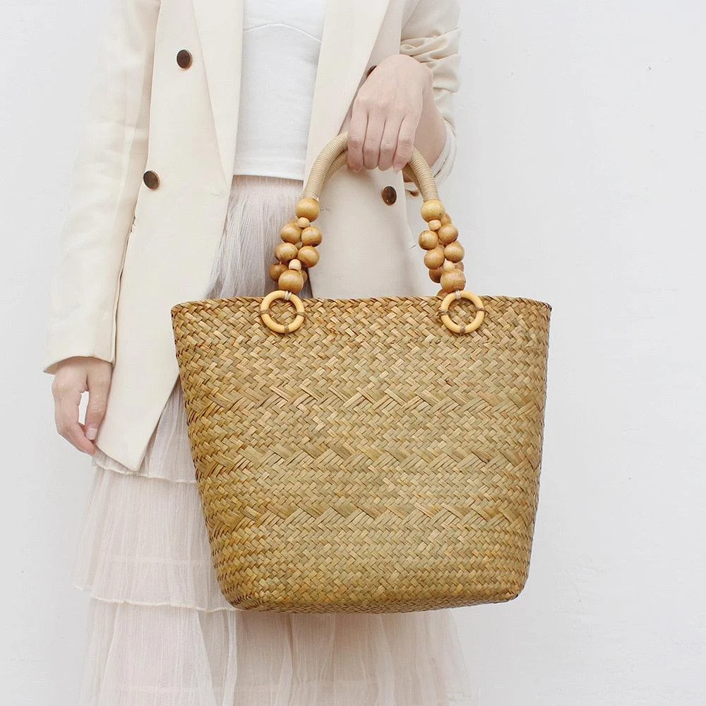 Saia Wooden Beads Handle Straw Tote - Glova