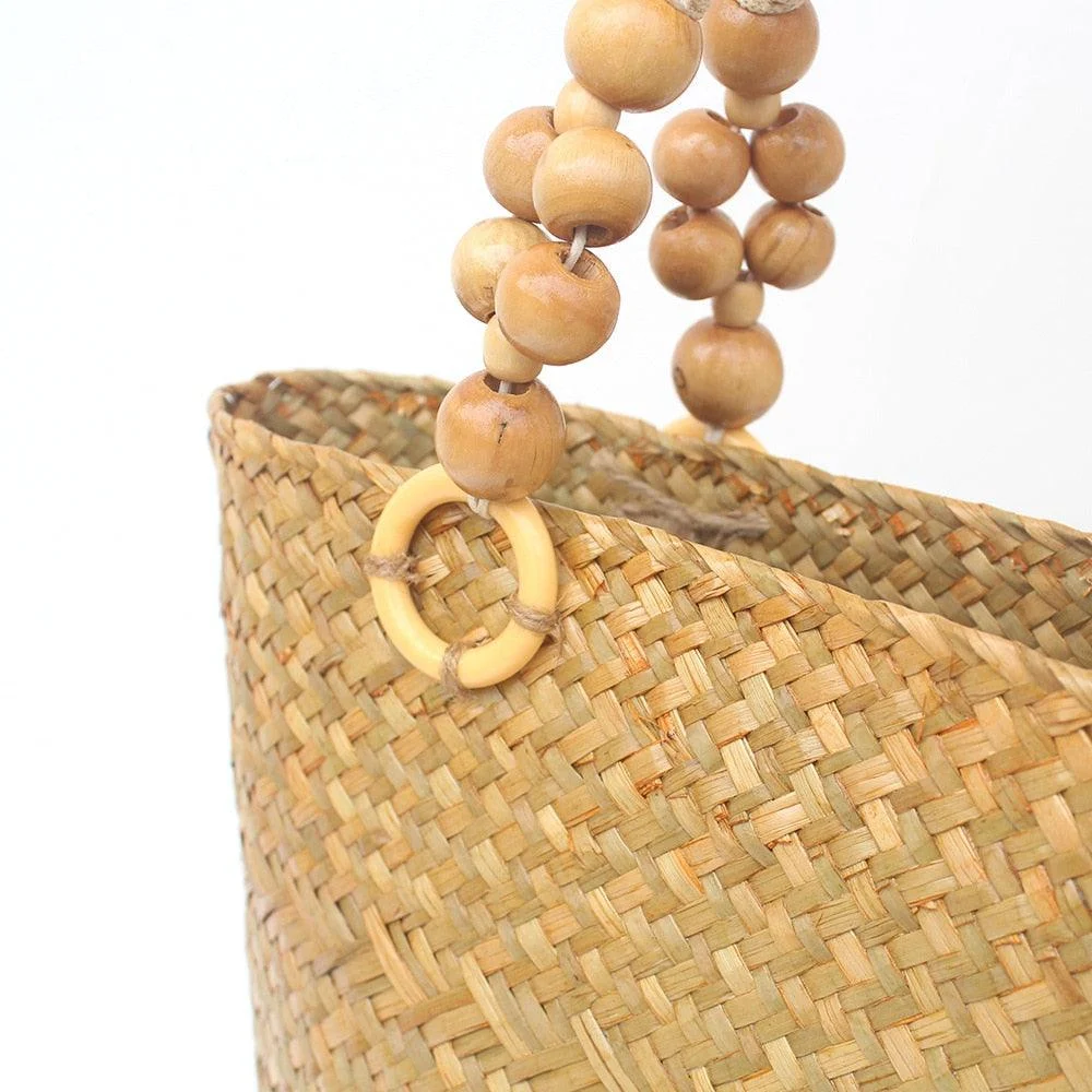 Saia Wooden Beads Handle Straw Tote - Glova