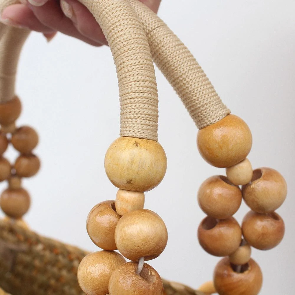 Saia Wooden Beads Handle Straw Tote - Glova