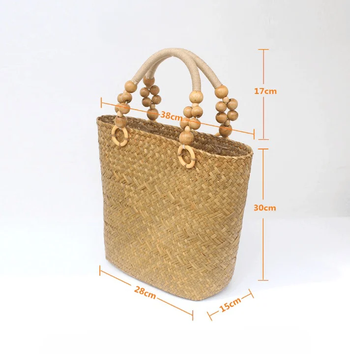 Saia Wooden Beads Handle Straw Tote - Glova