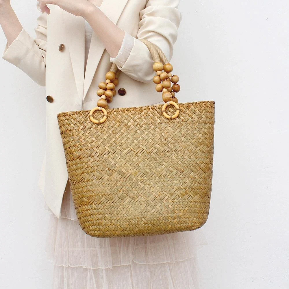 Saia Wooden Beads Handle Straw Tote - Glova