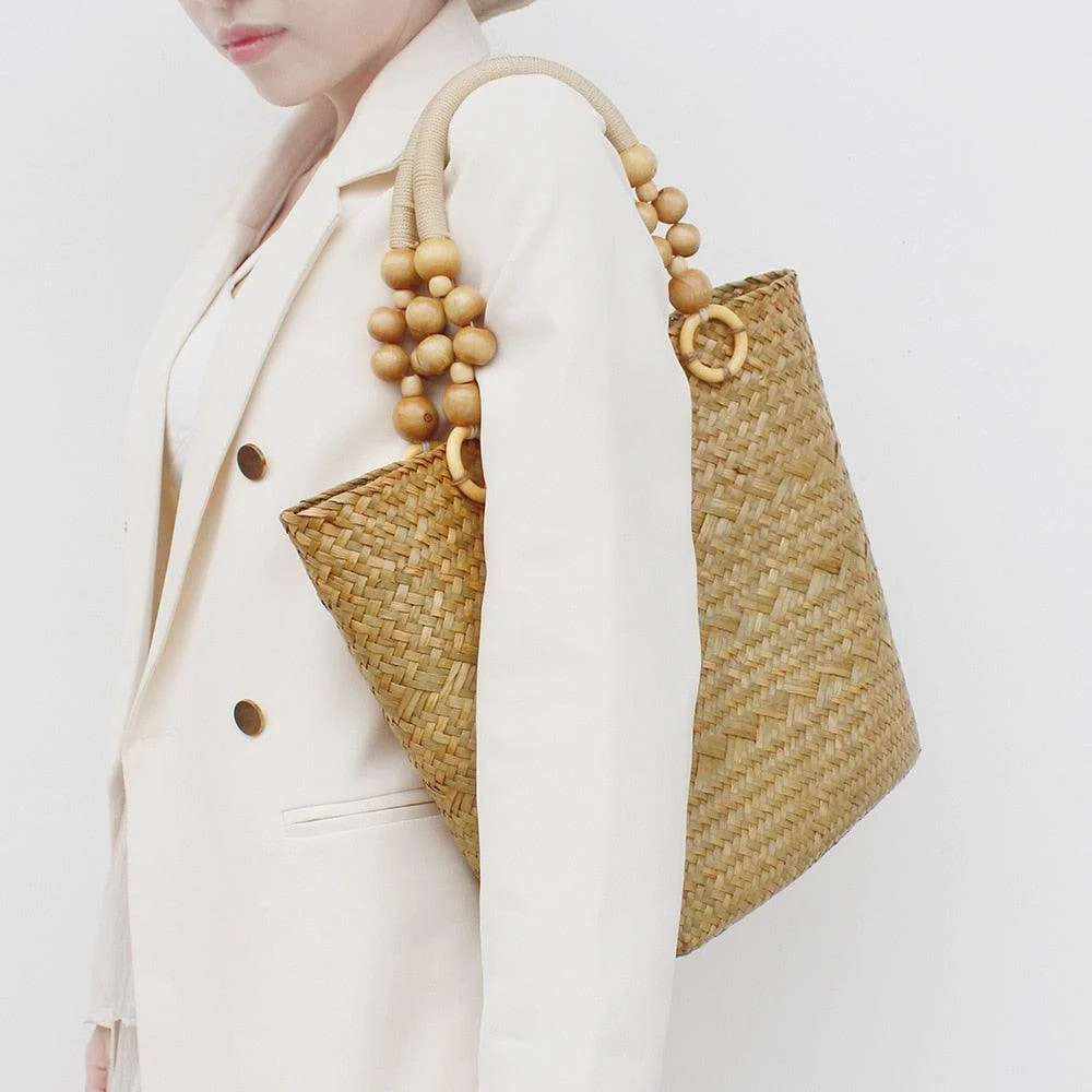 Saia Wooden Beads Handle Straw Tote - Glova