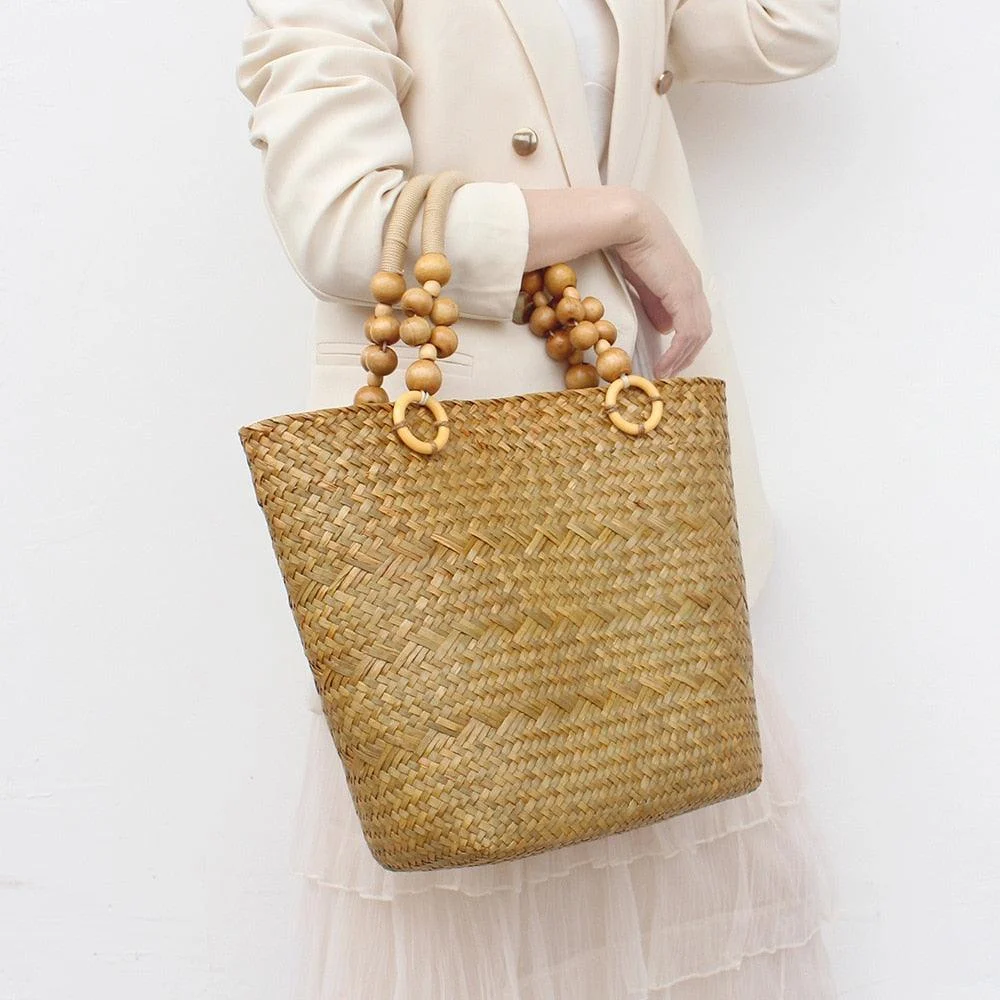 Saia Wooden Beads Handle Straw Tote - Glova