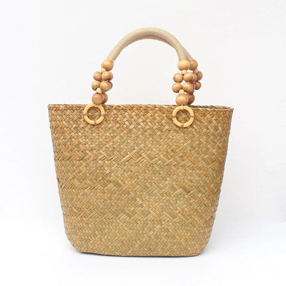 Saia Wooden Beads Handle Straw Tote - Glova