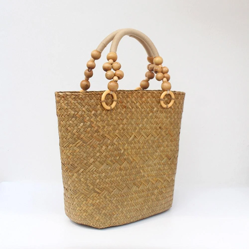 Saia Wooden Beads Handle Straw Tote - Glova