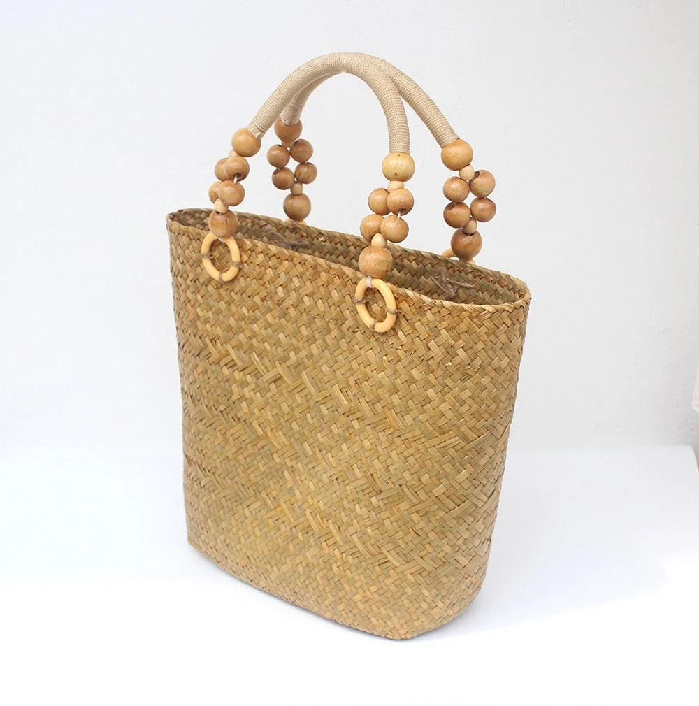 Saia Wooden Beads Handle Straw Tote - Glova