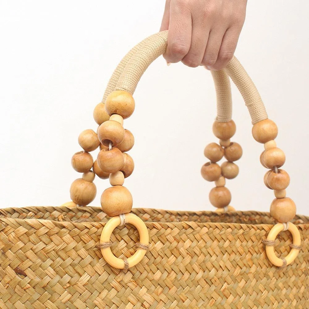 Saia Wooden Beads Handle Straw Tote - Glova