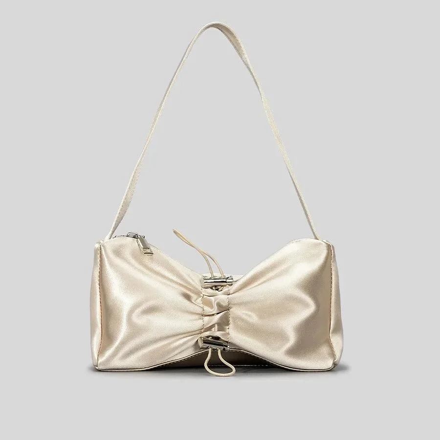 Satin Drawsting Armpit Bag Folds Bow Y2K Handbag - Glova