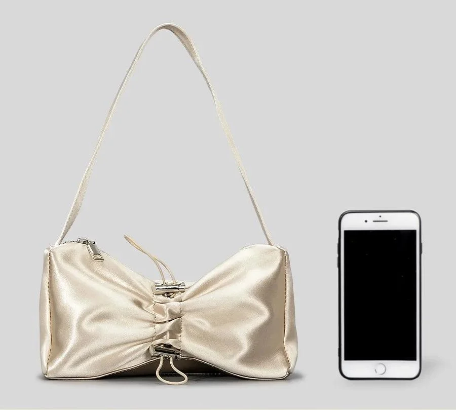 Satin Drawsting Armpit Bag Folds Bow Y2K Handbag - Glova