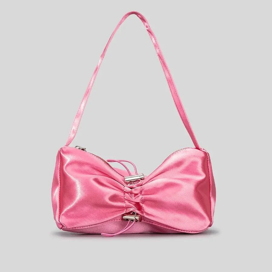 Satin Drawsting Armpit Bag Folds Bow Y2K Handbag - Glova