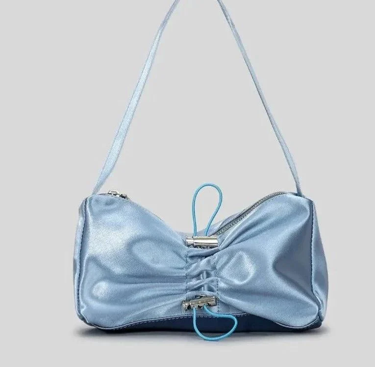 Satin Drawsting Armpit Bag Folds Bow Y2K Handbag - Glova