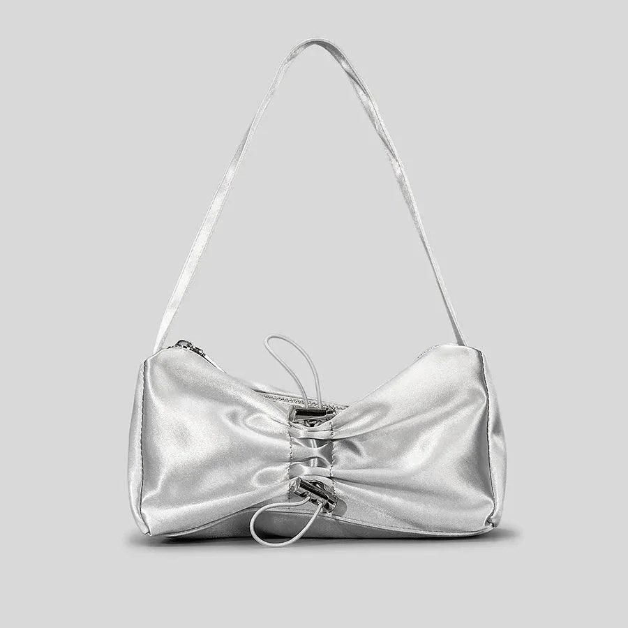 Satin Drawsting Armpit Bag Folds Bow Y2K Handbag - Glova