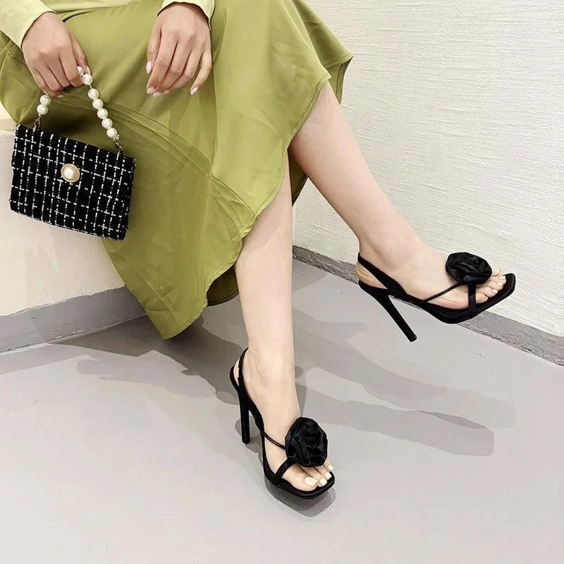 Satin Flower High Heels Square Toe Women Sandals - Glova