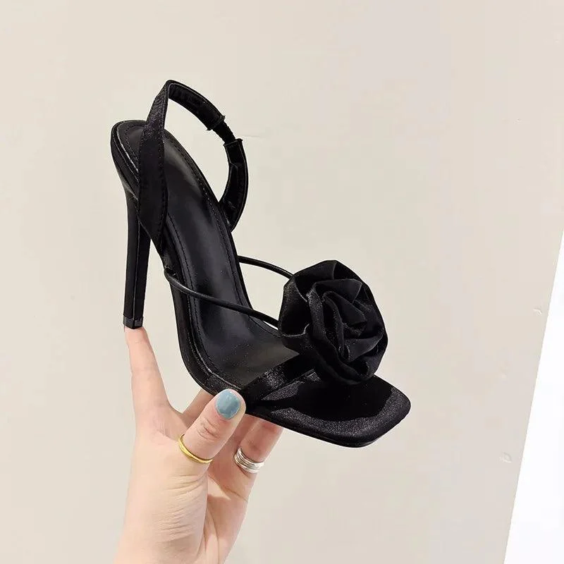 Satin Flower High Heels Square Toe Women Sandals - Glova