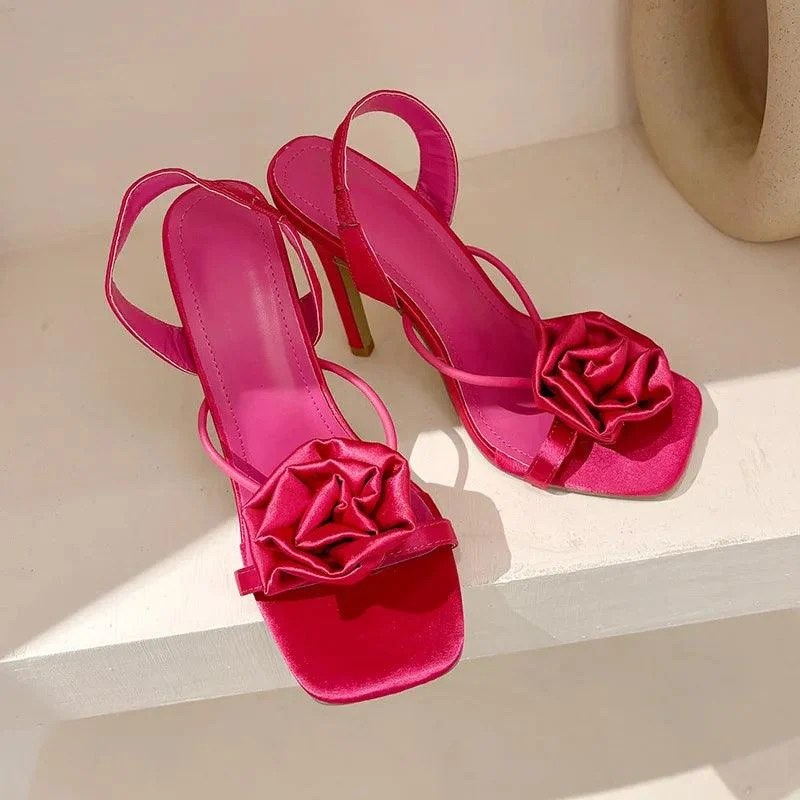 Satin Flower High Heels Square Toe Women Sandals - Glova