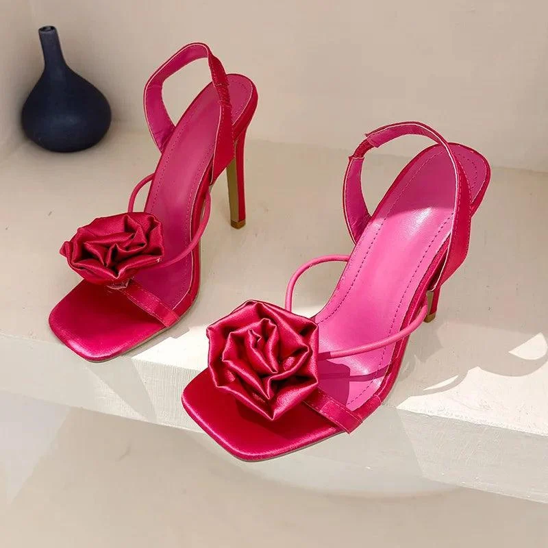 Satin Flower High Heels Square Toe Women Sandals - Glova