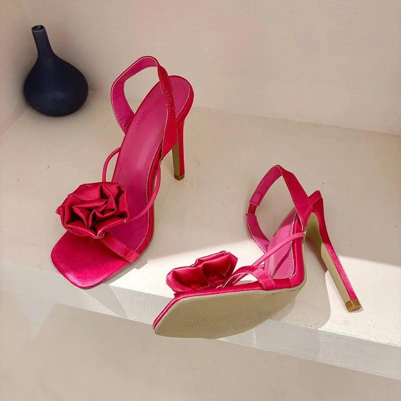 Satin Flower High Heels Square Toe Women Sandals - Glova