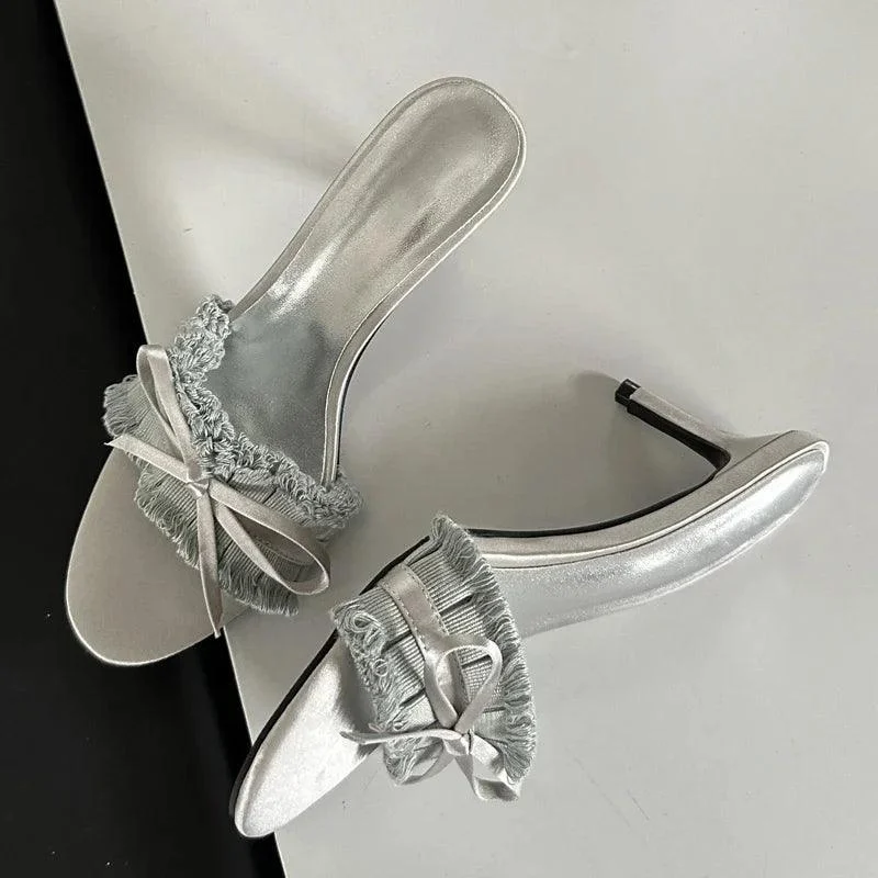 Satin Pleated Butterfly-knot Thin Heels Stripper Shoes - Glova