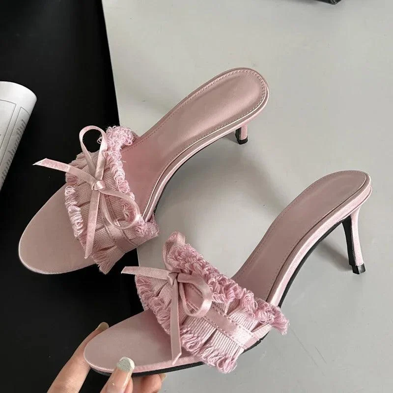 Satin Pleated Butterfly-knot Thin Heels Stripper Shoes - Glova