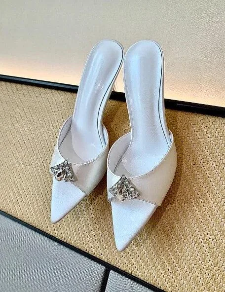 Satin Pointed Toe Rhinestone Gem Details Women Dress Shoes - Glova