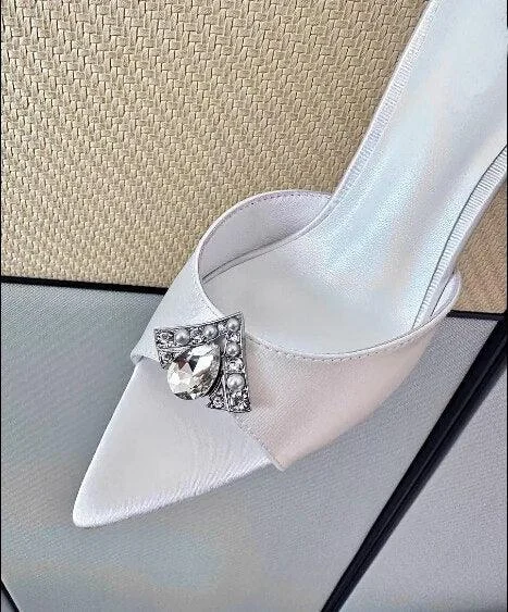 Satin Pointed Toe Rhinestone Gem Details Women Dress Shoes - Glova