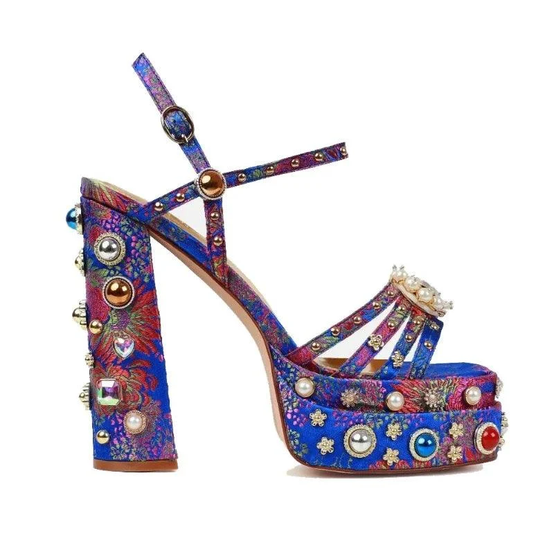 Satin Rhinestone Gem Open Toe Thick Heel Platform Shoes - Glova