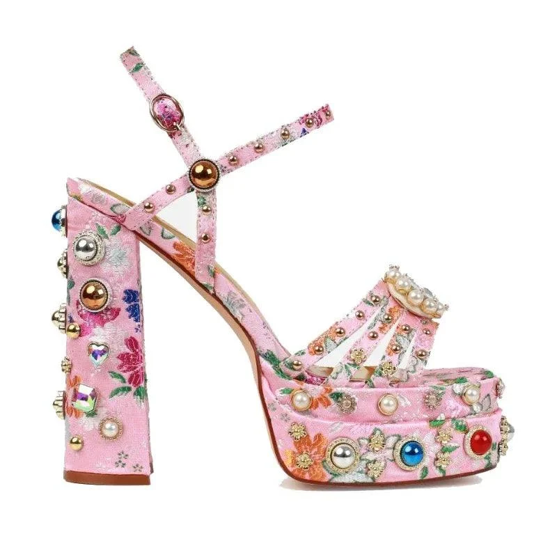 Satin Rhinestone Gem Open Toe Thick Heel Platform Shoes - Glova