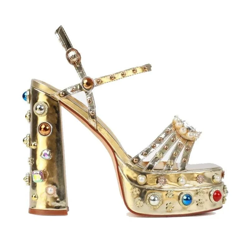 Satin Rhinestone Gem Open Toe Thick Heel Platform Shoes - Glova