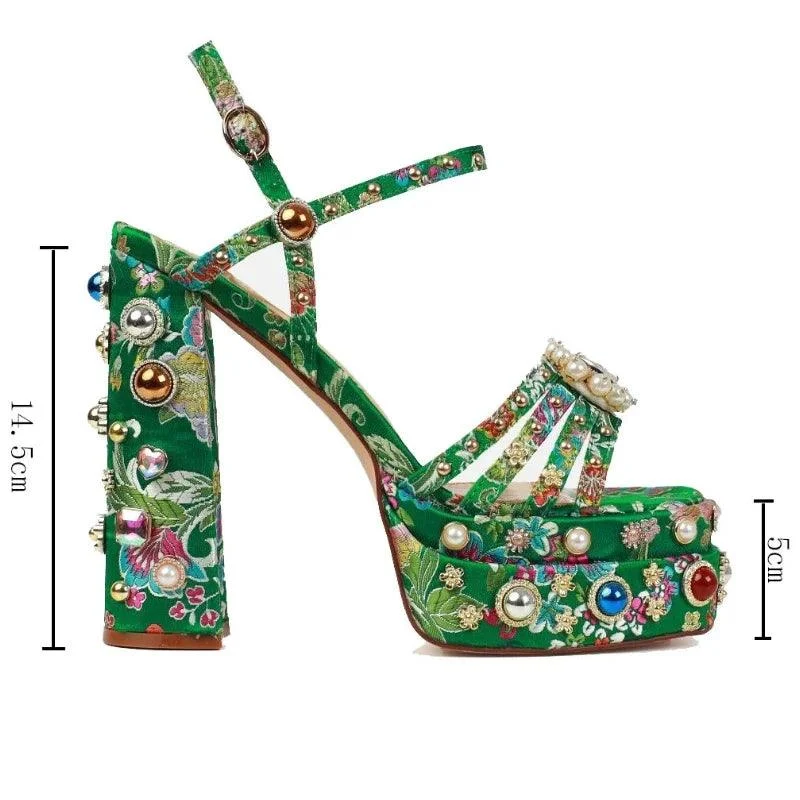 Satin Rhinestone Gem Open Toe Thick Heel Platform Shoes - Glova