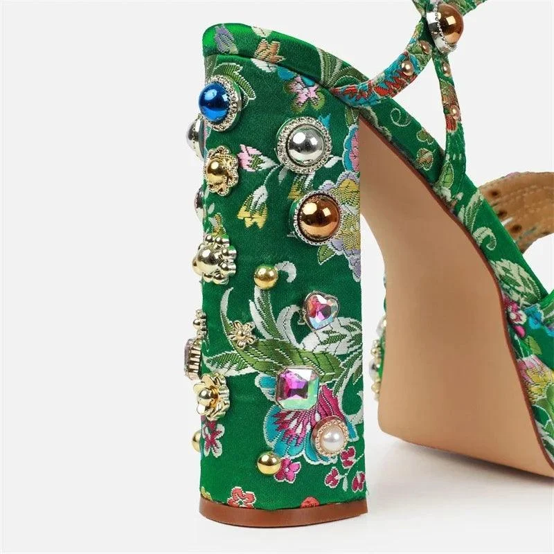 Satin Rhinestone Gem Open Toe Thick Heel Platform Shoes - Glova