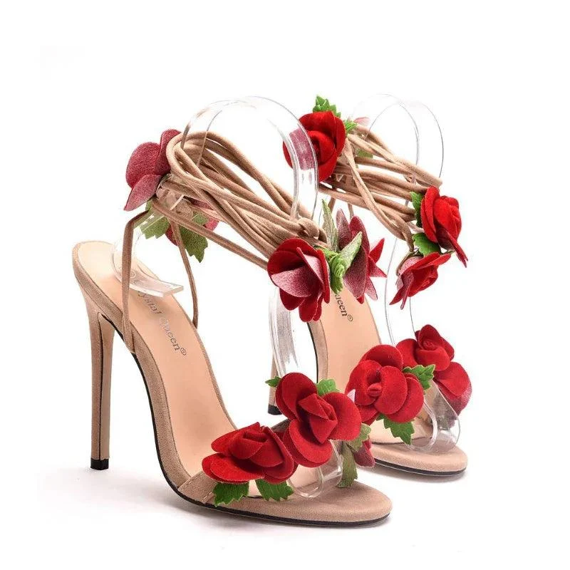 Satin Rose Design High Heel Strappy Wedding Shoes - Glova