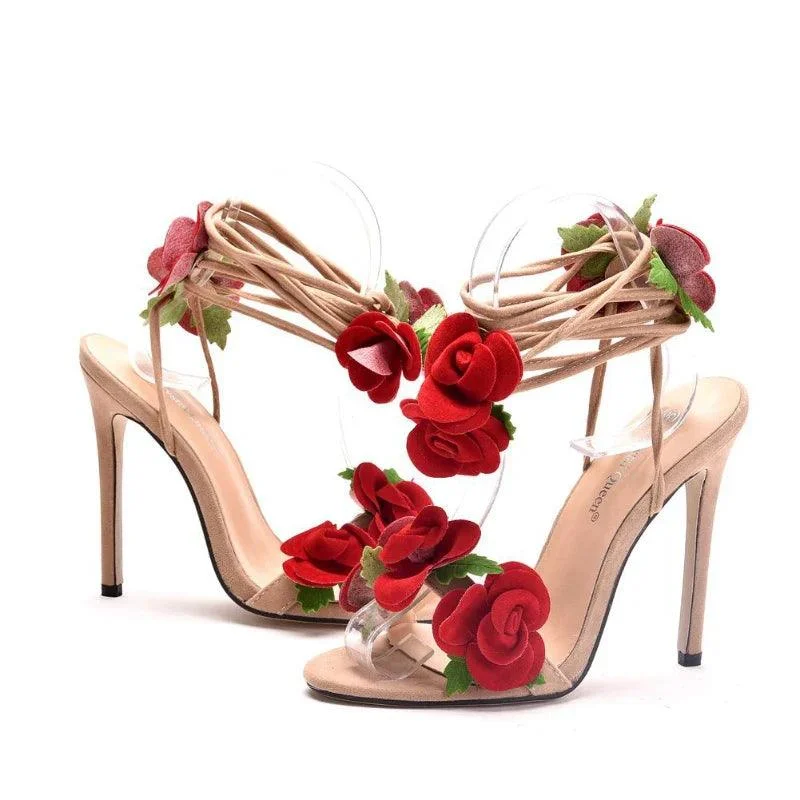 Satin Rose Design High Heel Strappy Wedding Shoes - Glova