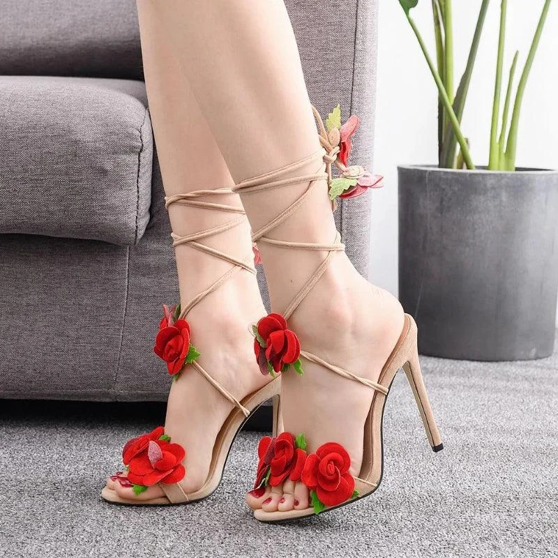 Satin Rose Design High Heel Strappy Wedding Shoes - Glova