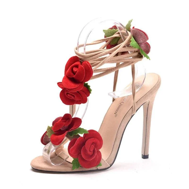 Satin Rose Design High Heel Strappy Wedding Shoes - Glova