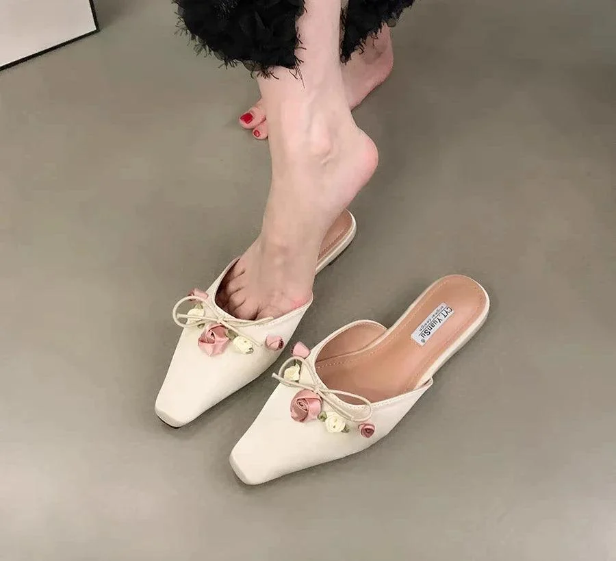 Satin Silk Square Toe Bowknot Elastic Band Ballerinas Floral Shoes - Glova