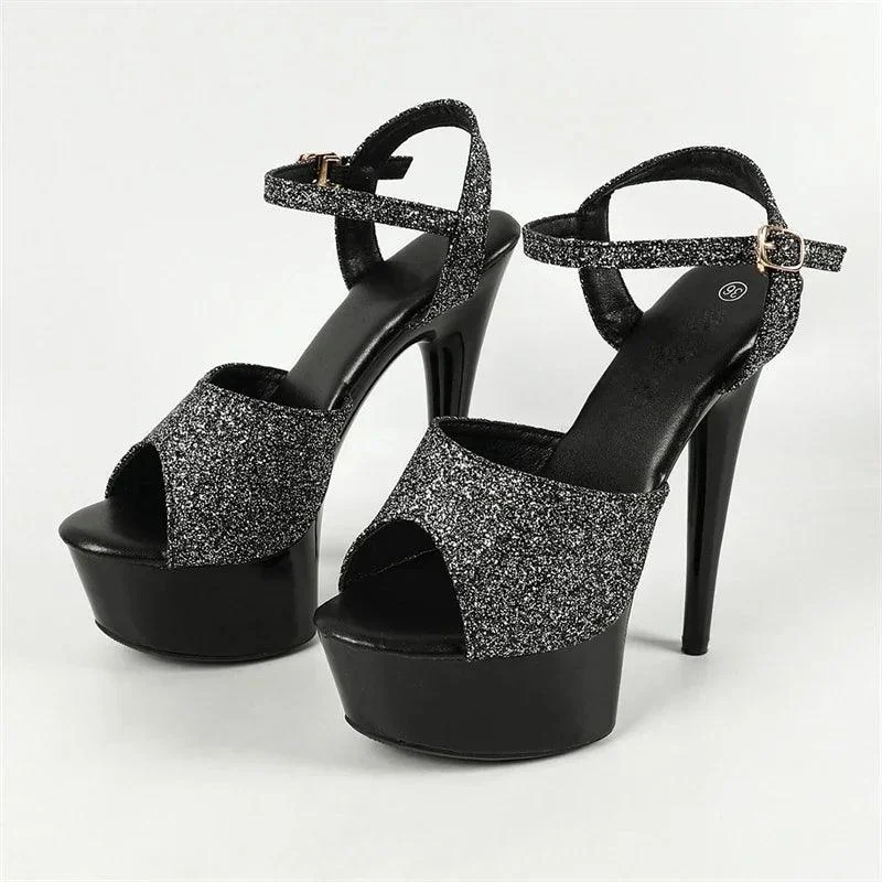 Sequin Cloth Open Toe Stiletto Buckle Strap Pole Dancing Shoes - Glova