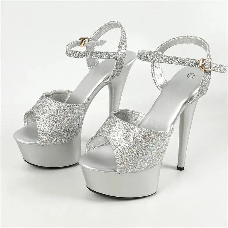 Sequin Cloth Open Toe Stiletto Buckle Strap Pole Dancing Shoes - Glova