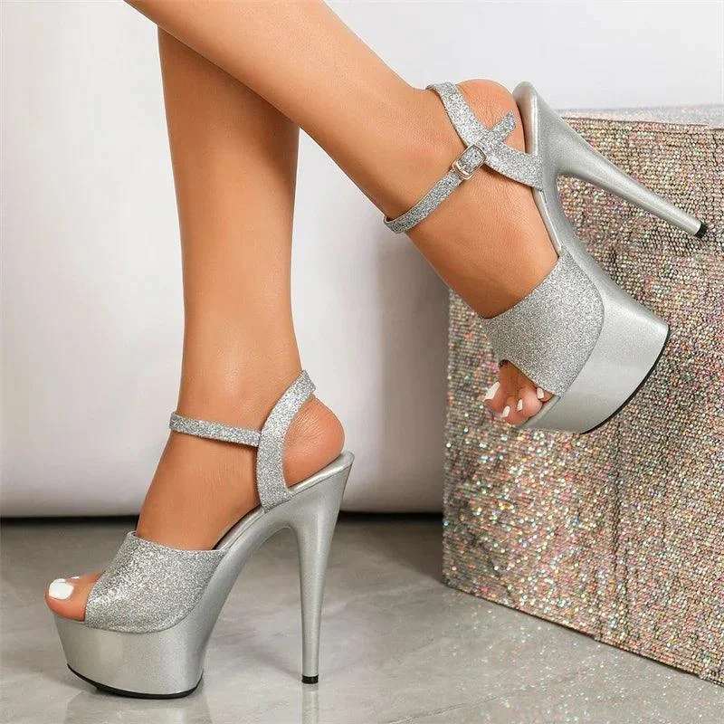 Sequin Cloth Open Toe Stiletto Buckle Strap Pole Dancing Shoes - Glova