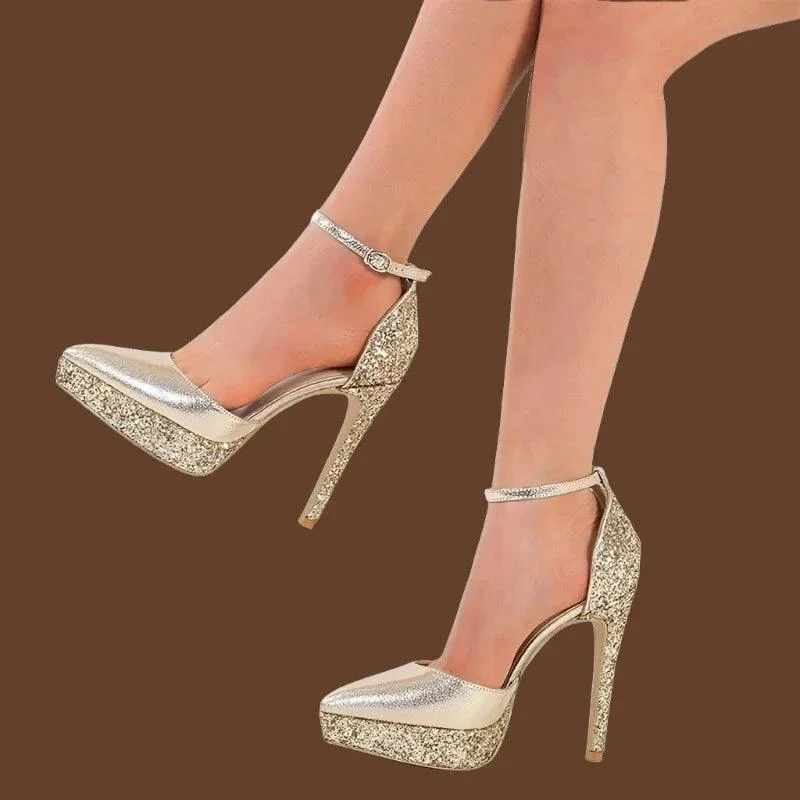 Sequin Cloth Pointed Toe Pumps Stiletto Stripper Sandals - Glova