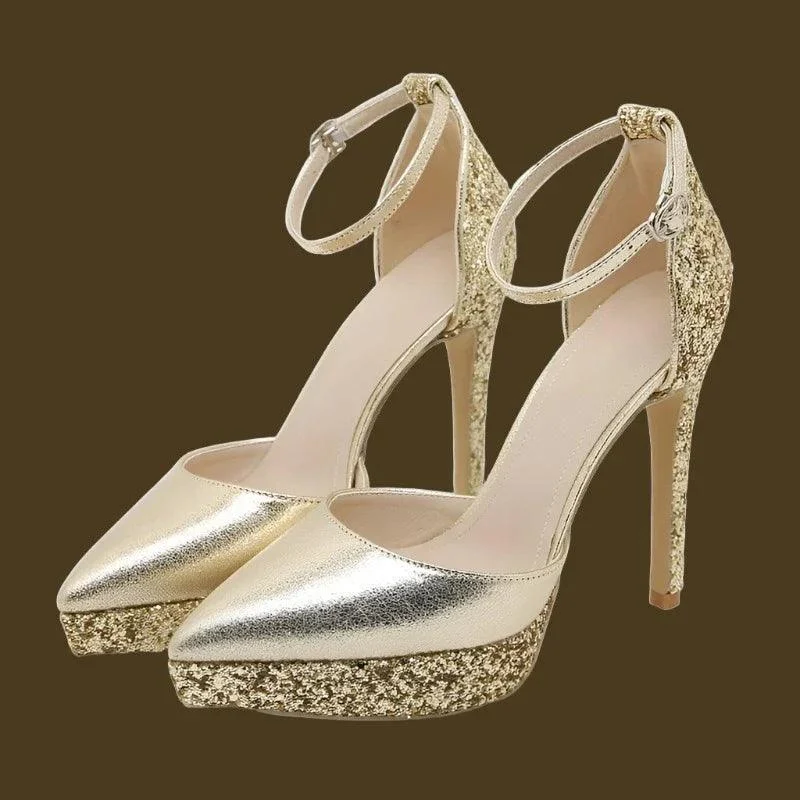 Sequin Cloth Pointed Toe Pumps Stiletto Stripper Sandals - Glova