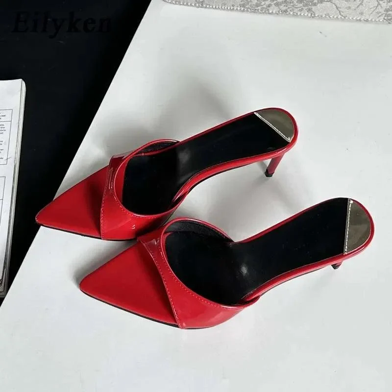 Shallow Pointed Toe Thin Heels Mule Slides Shoes - Glova