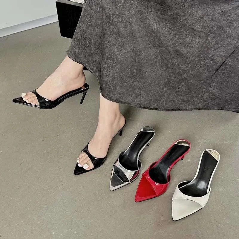 Shallow Pointed Toe Thin Heels Mule Slides Shoes - Glova