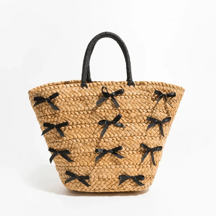 Shelby Bow Knot Applique Straw Totes - Glova