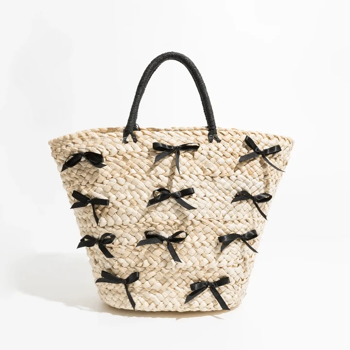 Shelby Bow Knot Applique Straw Totes - Glova