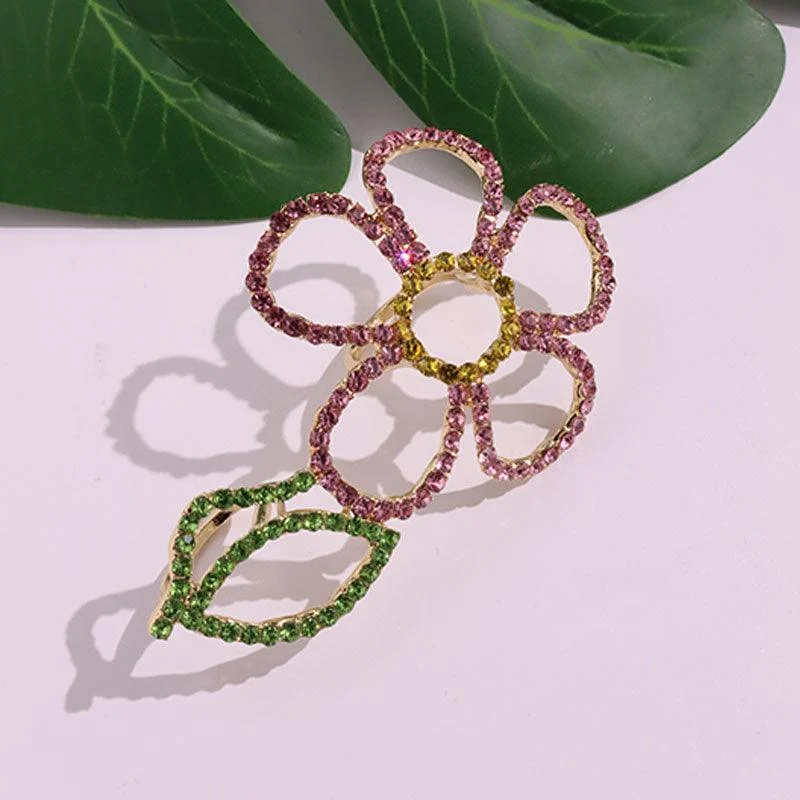 Sien Big Colorful Rhinestone Flower Double Finger Ring - Glova