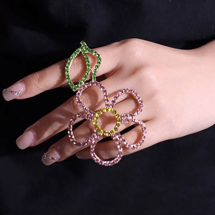 Sien Big Colorful Rhinestone Flower Double Finger Ring - Glova