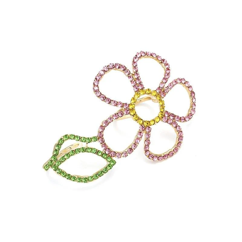 Sien Big Colorful Rhinestone Flower Double Finger Ring - Glova