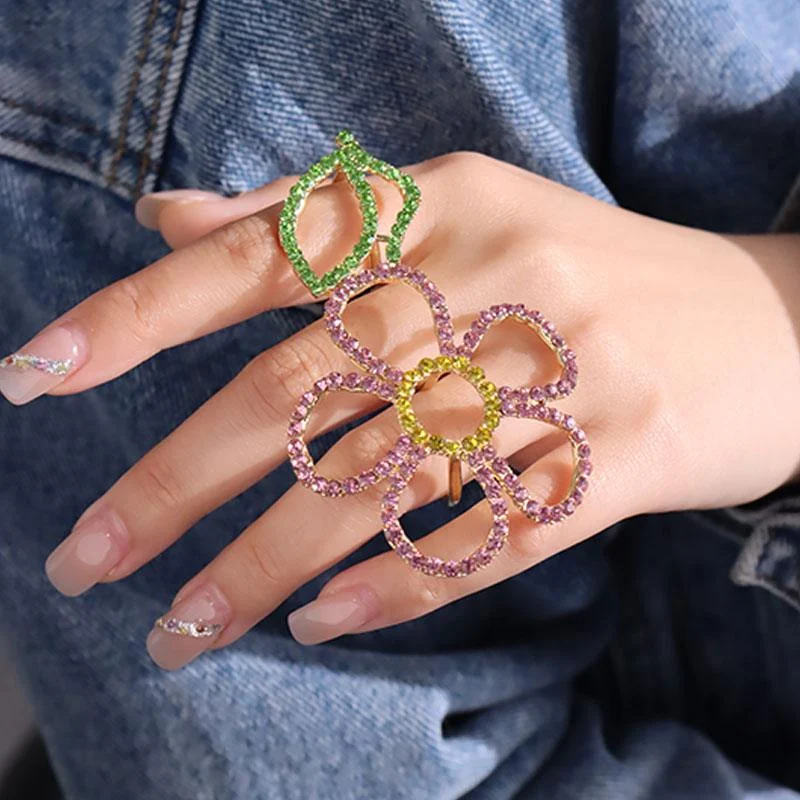 Sien Big Colorful Rhinestone Flower Double Finger Ring - Glova