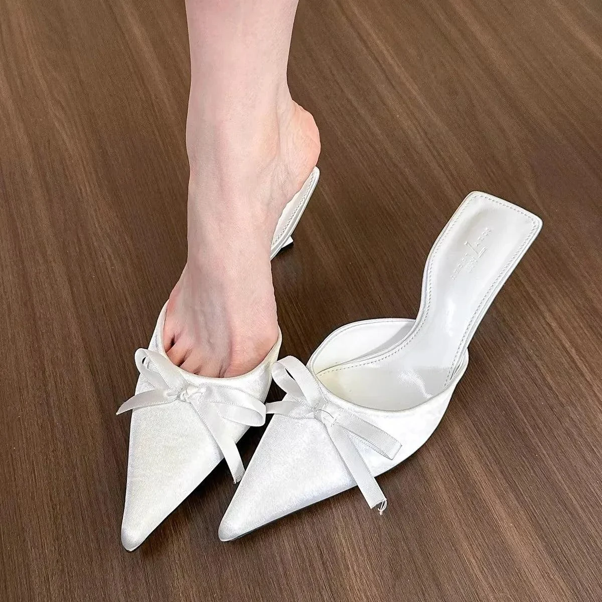 Silk Butterfly Knot Pointed Toe Pumps Stripper Mules Shoes - Glova