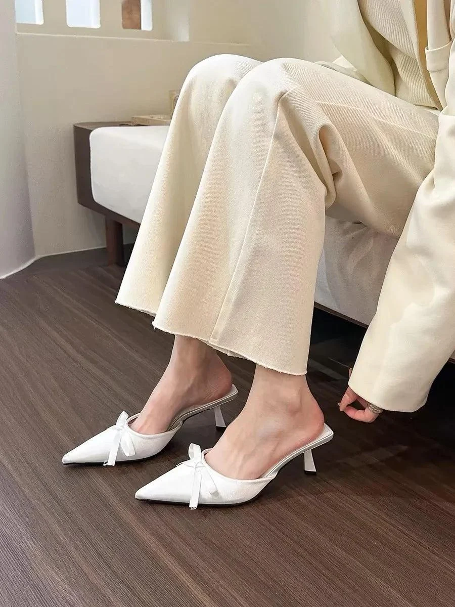 Silk Butterfly Knot Pointed Toe Pumps Stripper Mules Shoes - Glova